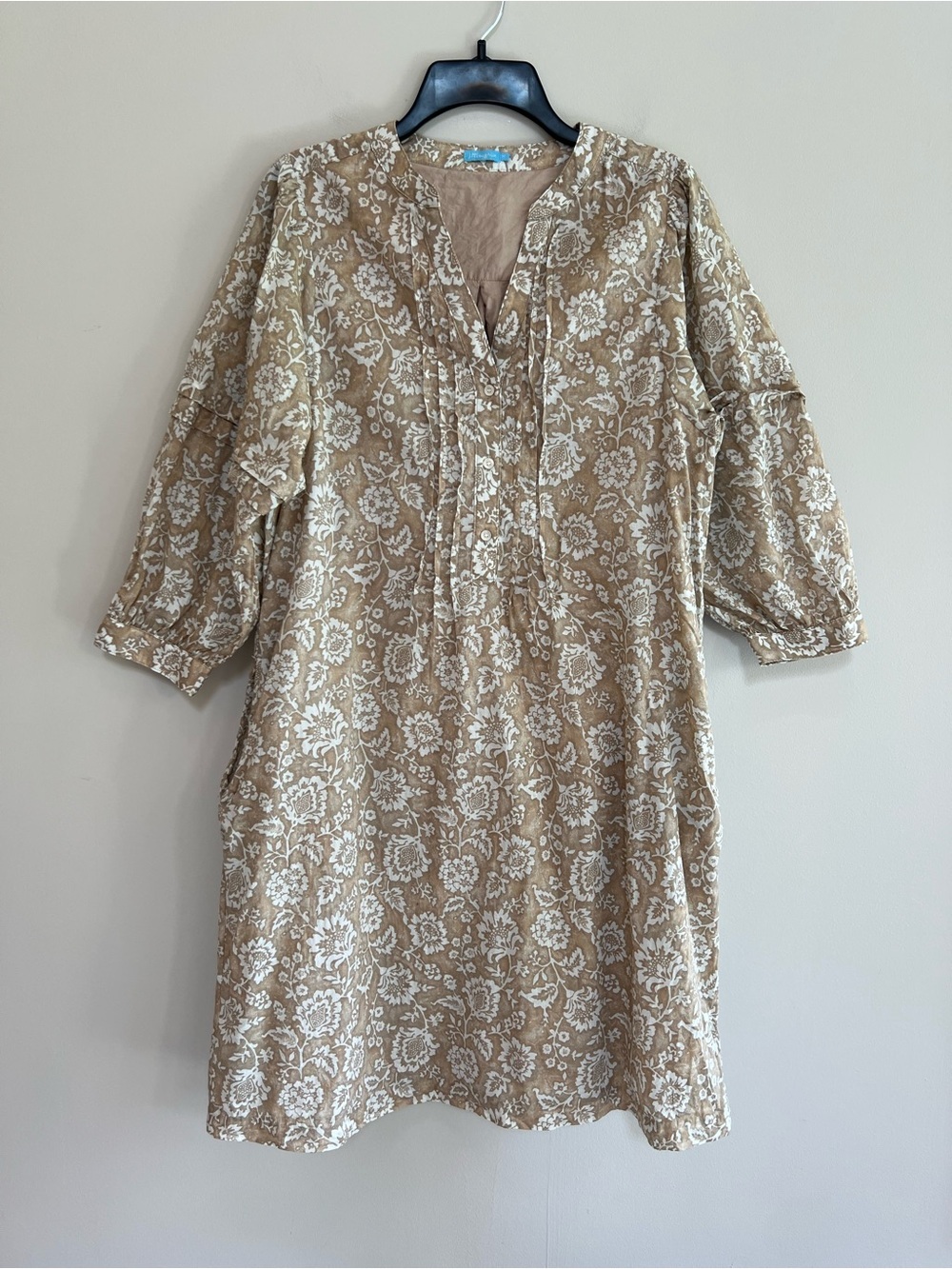 J. McLaughlin Cotton Button Front Puff Sleeve Sabina Shift Tan Floral Dress, M - Picture 2 of 12